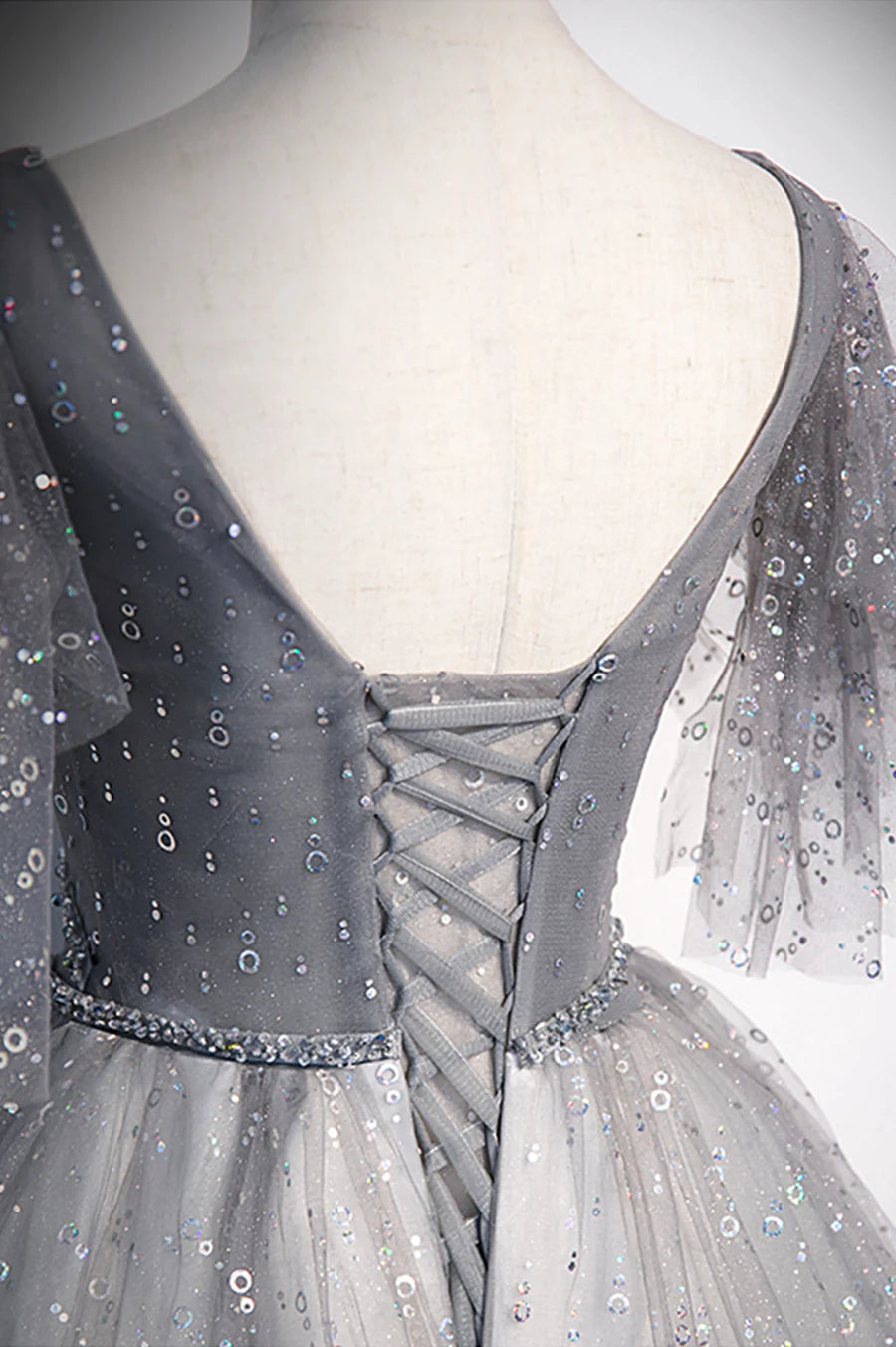 Grey V-Neck Tulle Long Prom Dresses, A-Line Evening Dresses TP690