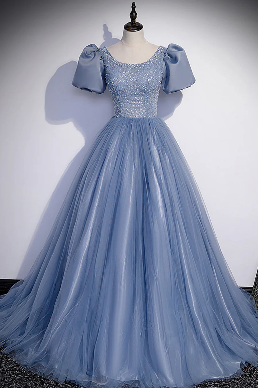 Blue Tulle Beading Long Prom Dresses, A-Line Short Sleeve Evening Dresses TP693
