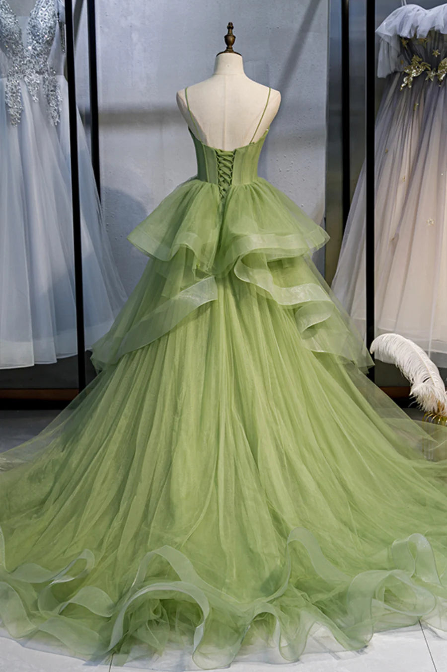 Green Tulle Long Prom Dresses, A-Line Evening Dresses with Train TP700