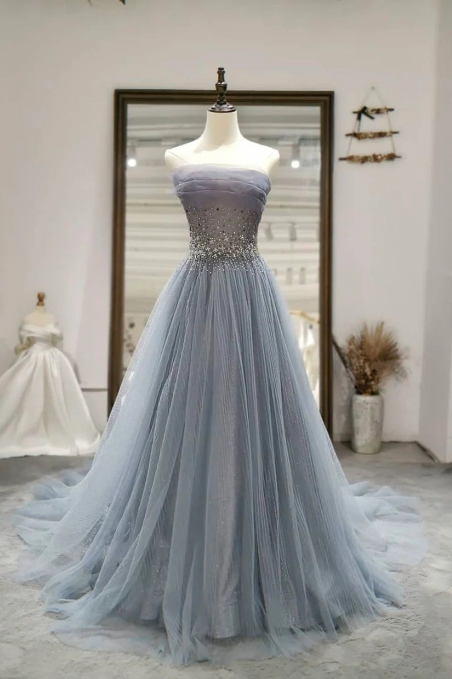 Gray Tulle Beading Long Prom Dresses, A-Line Strapless Evening Dresses TP702