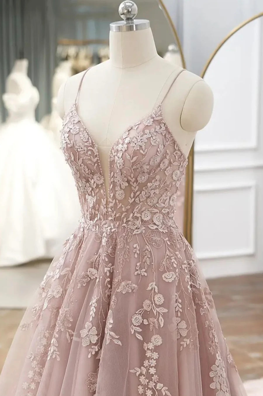 Previous Next Pink Tulle Lace Long Prom Dresses, A-line Spaghetti Strap Evening Dresses TP703