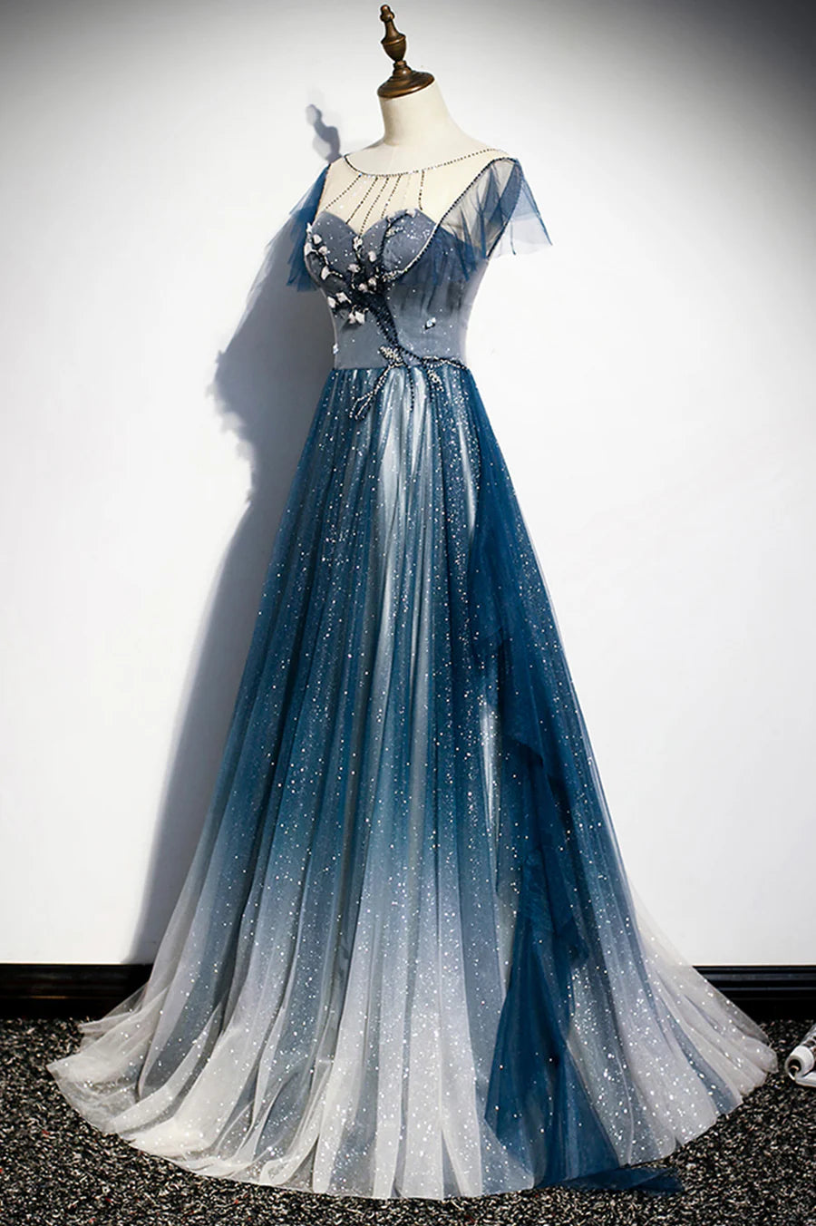 Blue Tulle Long Prom Dresses, A-Line Formal Evening Dresses TP713