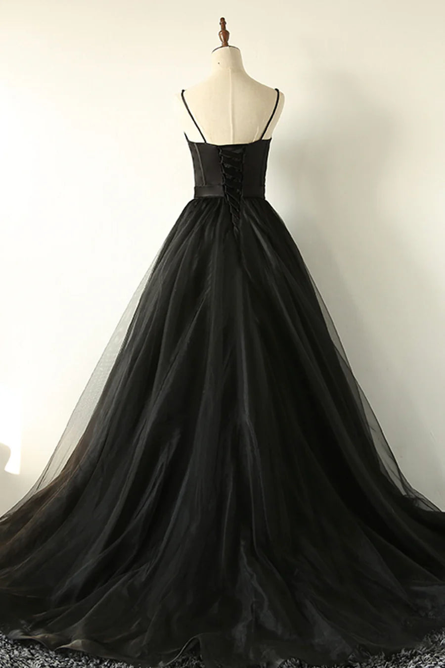Black A-Line Spaghetti Strap Long Prom Dresses, Black Evening Dresses TP714