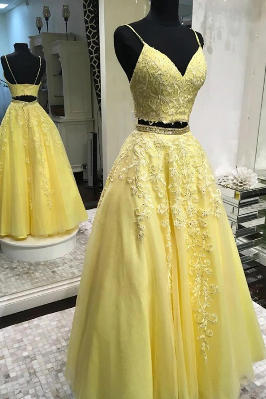 Yellow Lace Long Prom Dresses, Two Pieces Evening Dresses TP719
