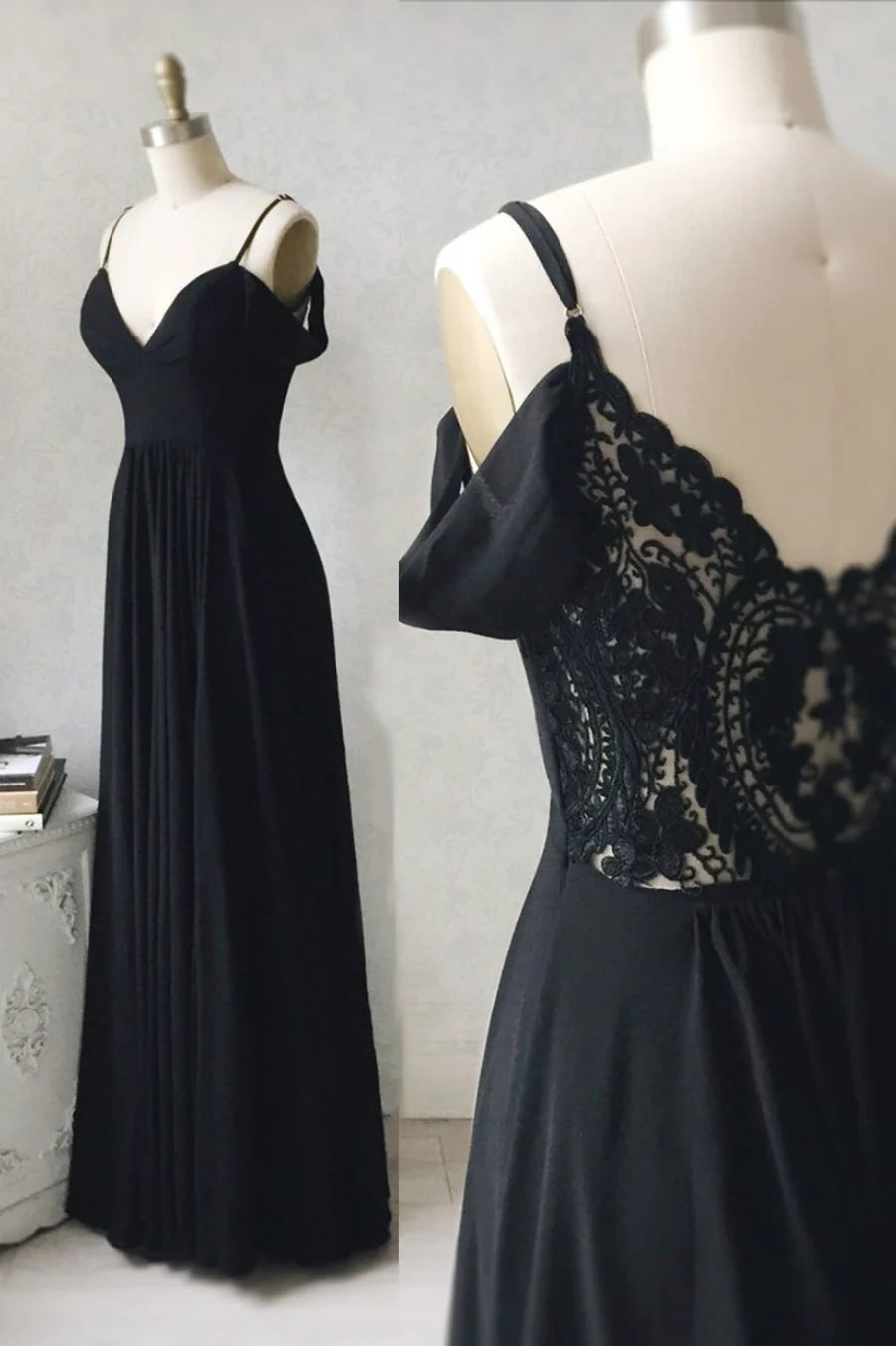 Black Chiffon Lace Long Prom Dresses, A-Line Evening Dresses TP722