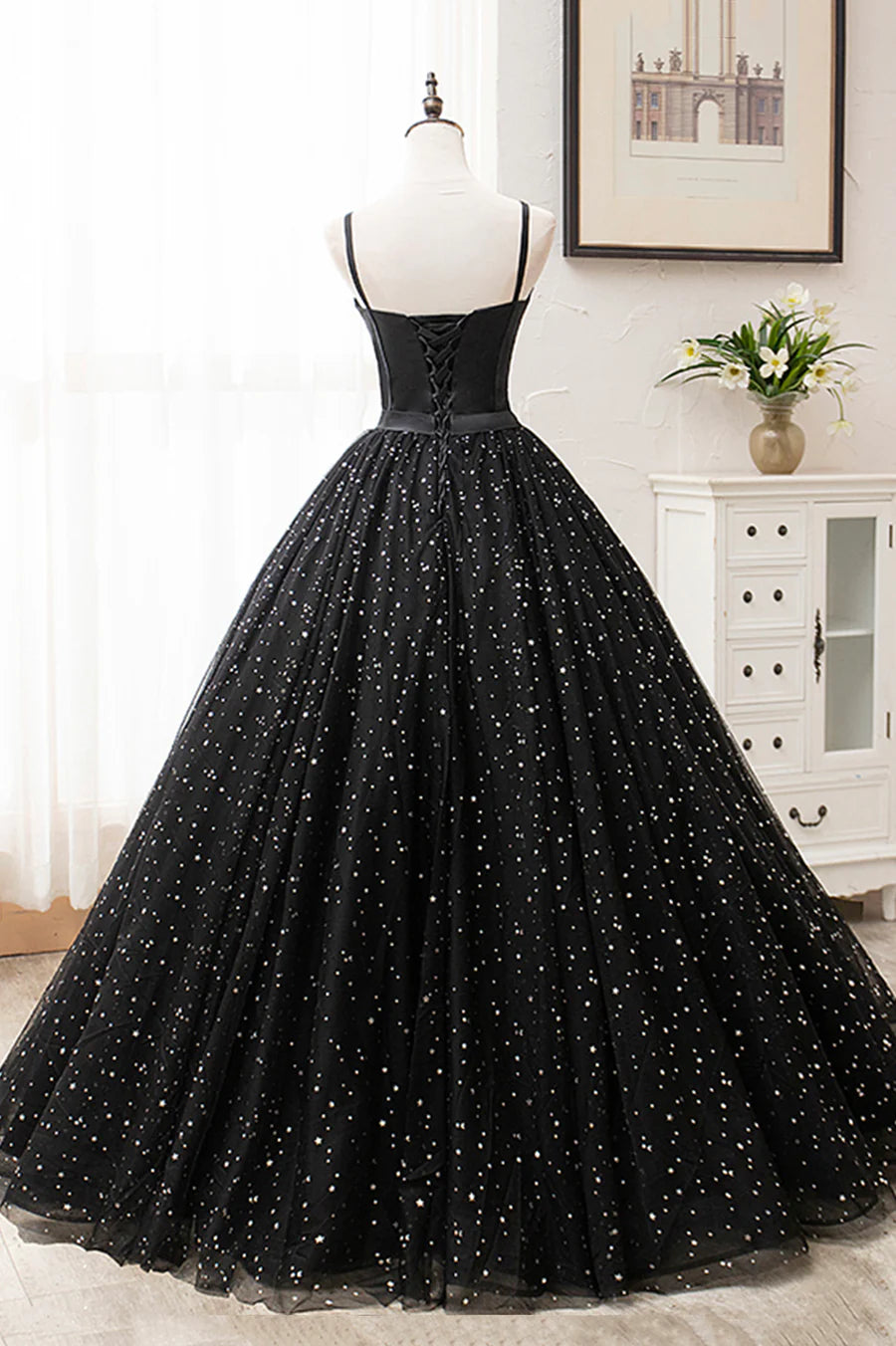 Black Tulle Long A-Line Long Prom Dresses, Black Evening Party Dresses TP724