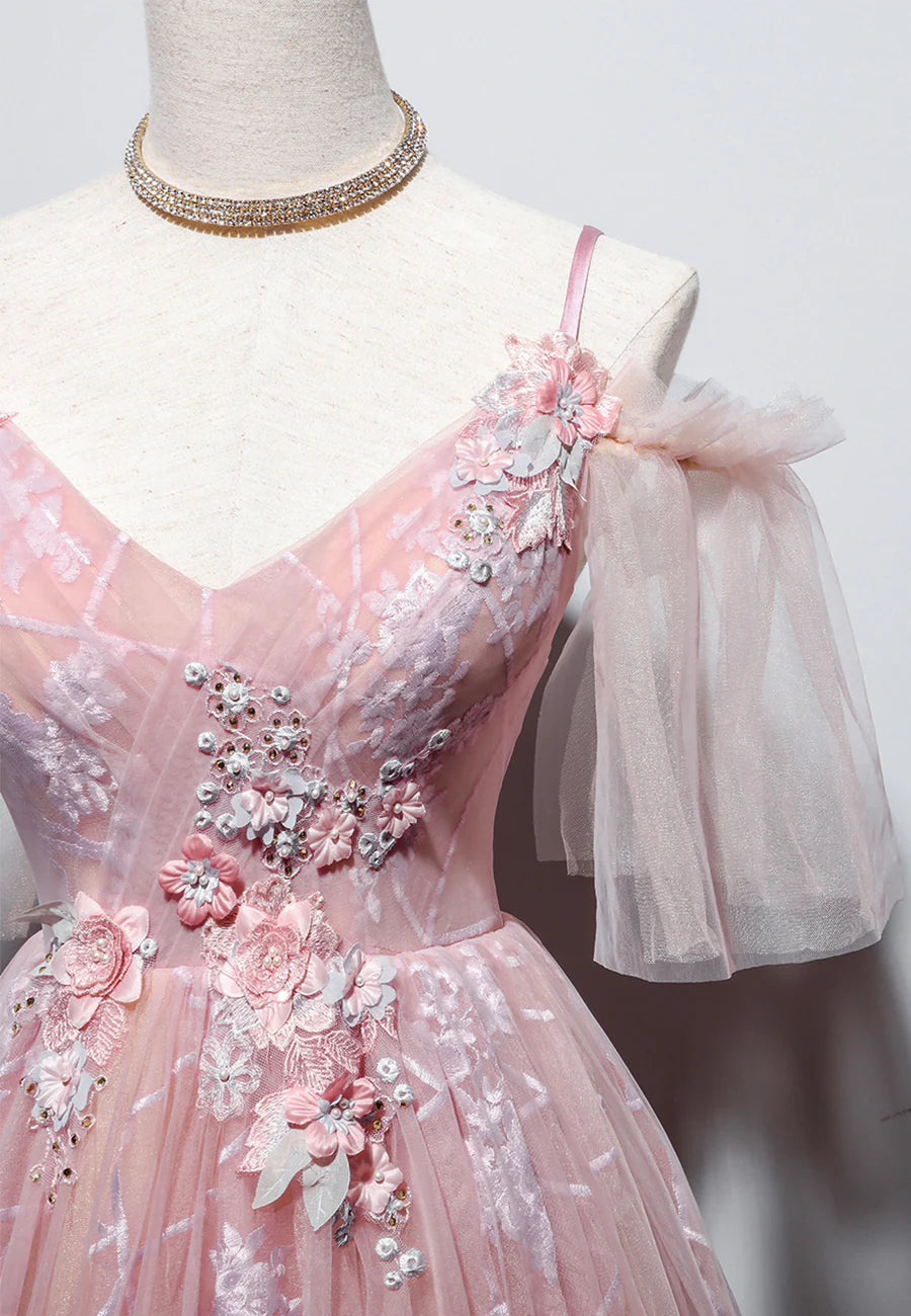 Pink V-Neck Lace Long Prom Dresses, A-Line Evening Dresses TP730