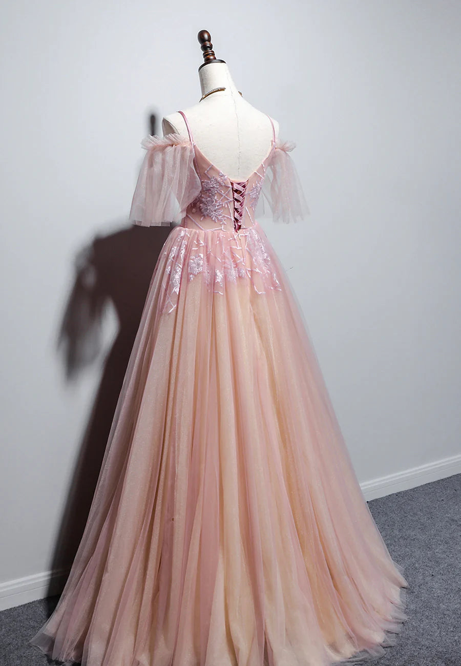 Pink V-Neck Lace Long Prom Dresses, A-Line Evening Dresses TP730