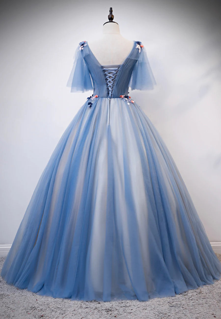 Blue V-Neck Lace Long Prom Dresses, A-Line Formal Evening Dresses TP735