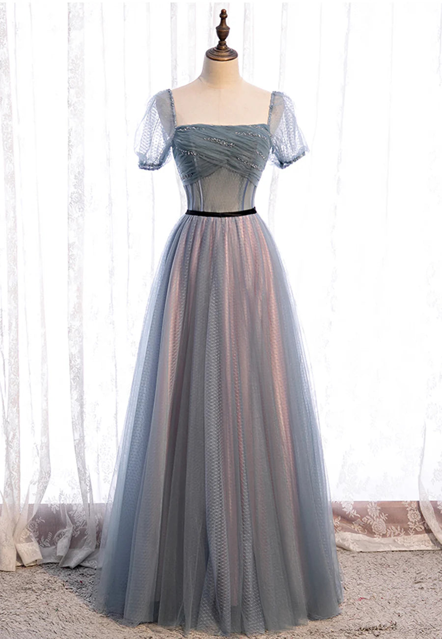 Grey Tulle Long Prom Dresses, A-Line Evening Dresses TP737