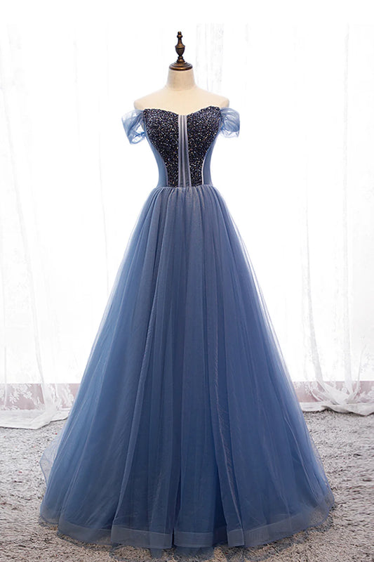 Blue Tulle Beading Long Prom Dresses, A-Line Evening Dresses TP738