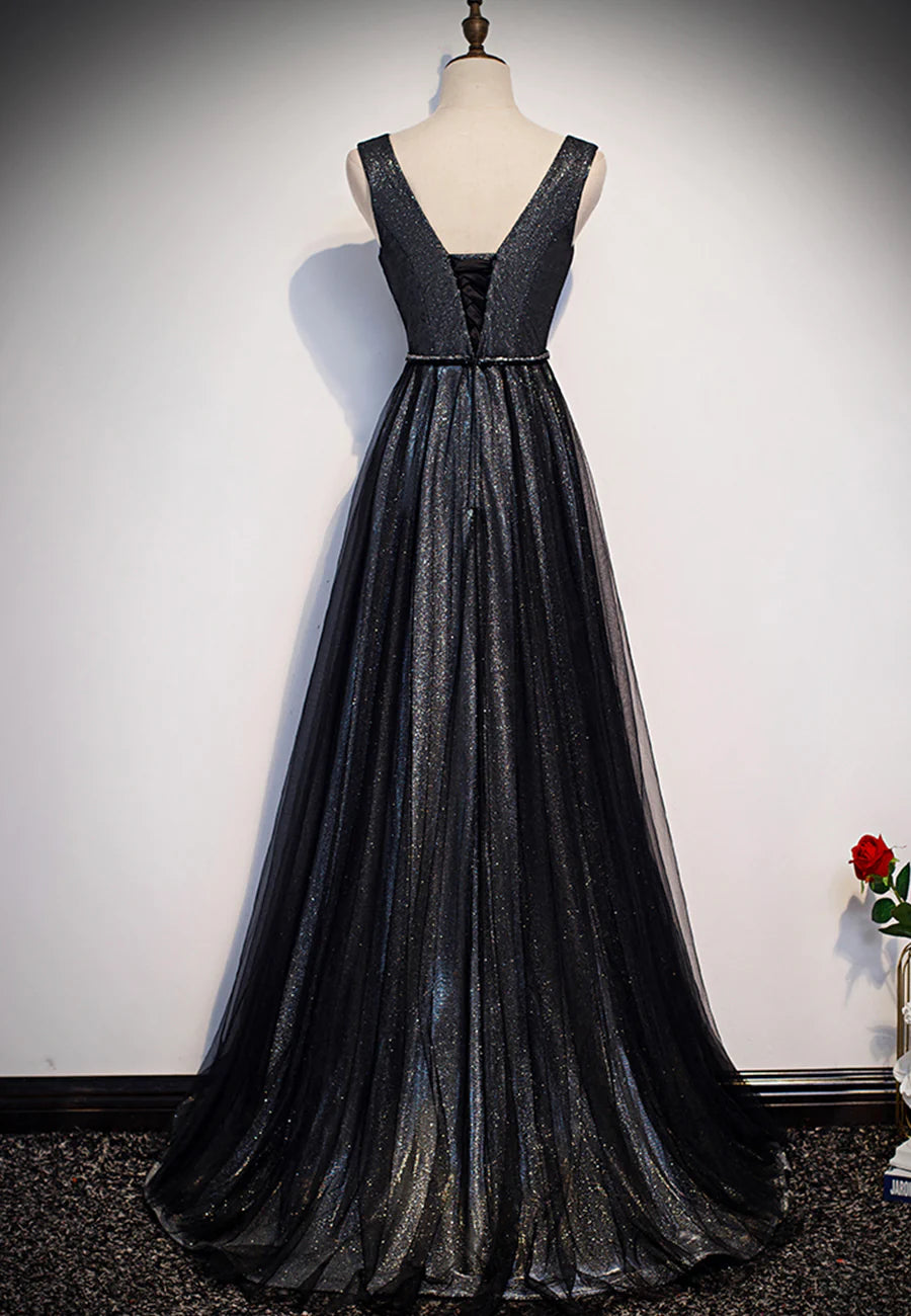 Black V-Neck Tulle Long Prom Dresses, A-Line Evening Dresses TP751