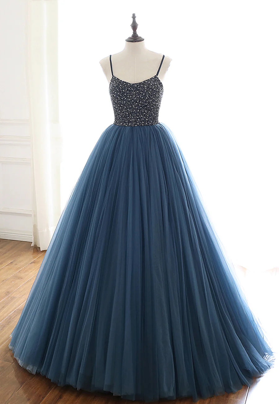 Blue Tulle Long Prom Dresses, A-Line Evening Dresses with Beading TP753