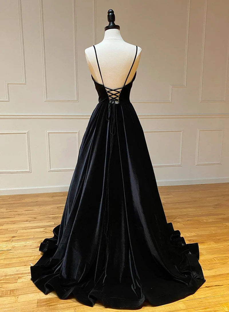 Black A-Line Velvet Long Prom Dresses, Black Evening Dresses TP758