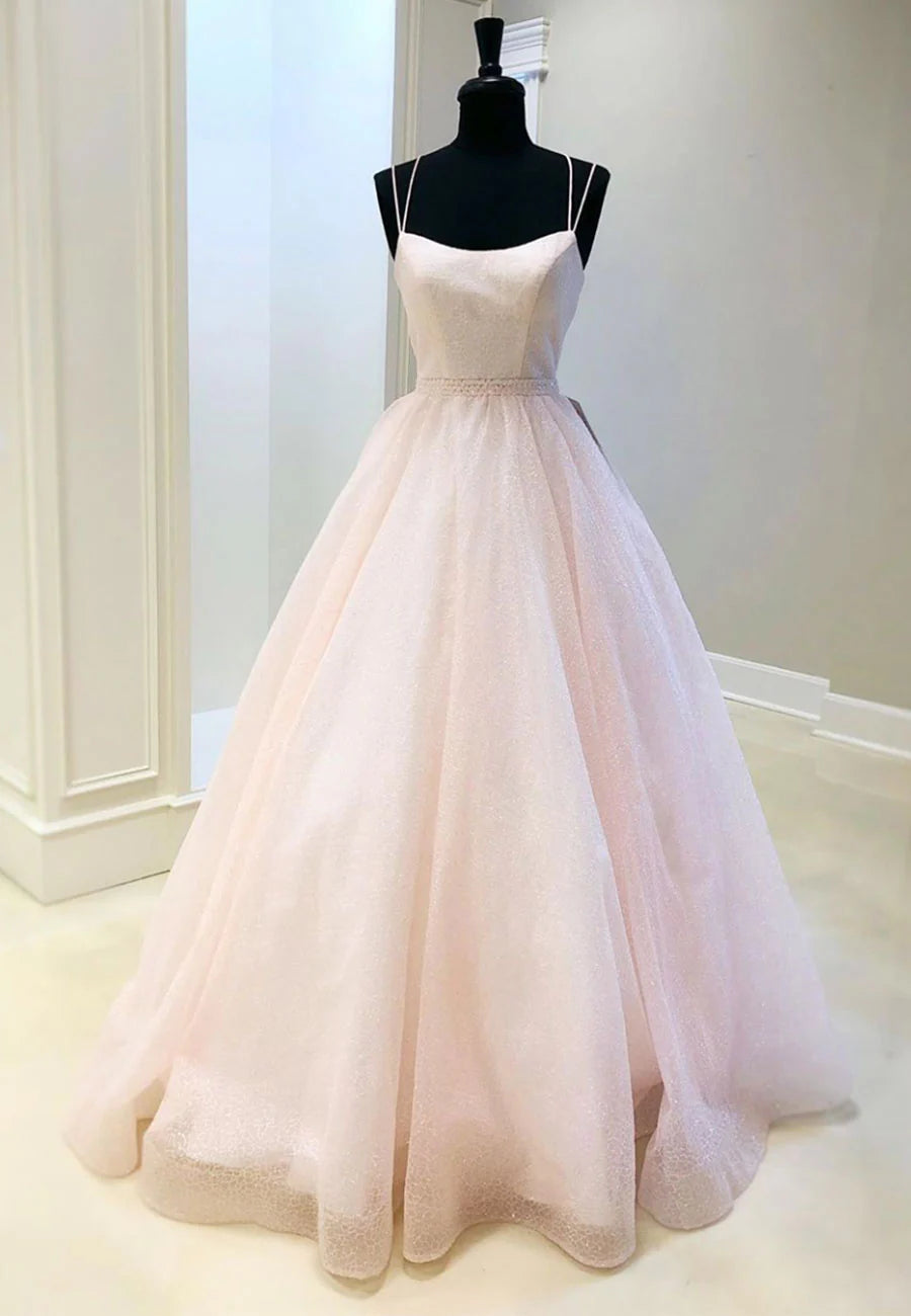 Pink Tulle Long A-Line Prom Dresses, Pink Formal Graduation Dresses TP762