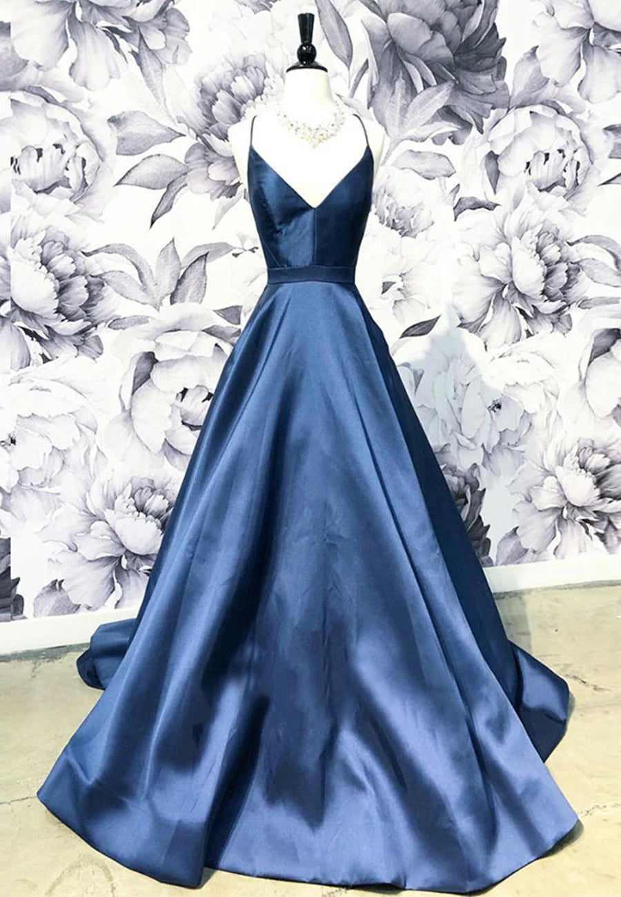 Blue Satin Long A-Line Prom Dress, Simple V-Neck Evening Dress TP768