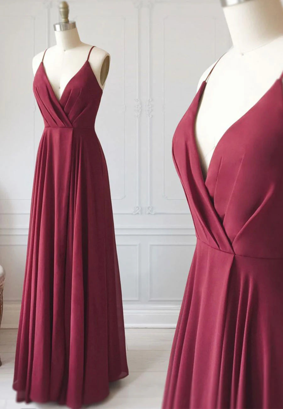 Vintage Burgundy Deep V-Neck Spaghetti Strap A-Line Chiffon Evening Dress TP770