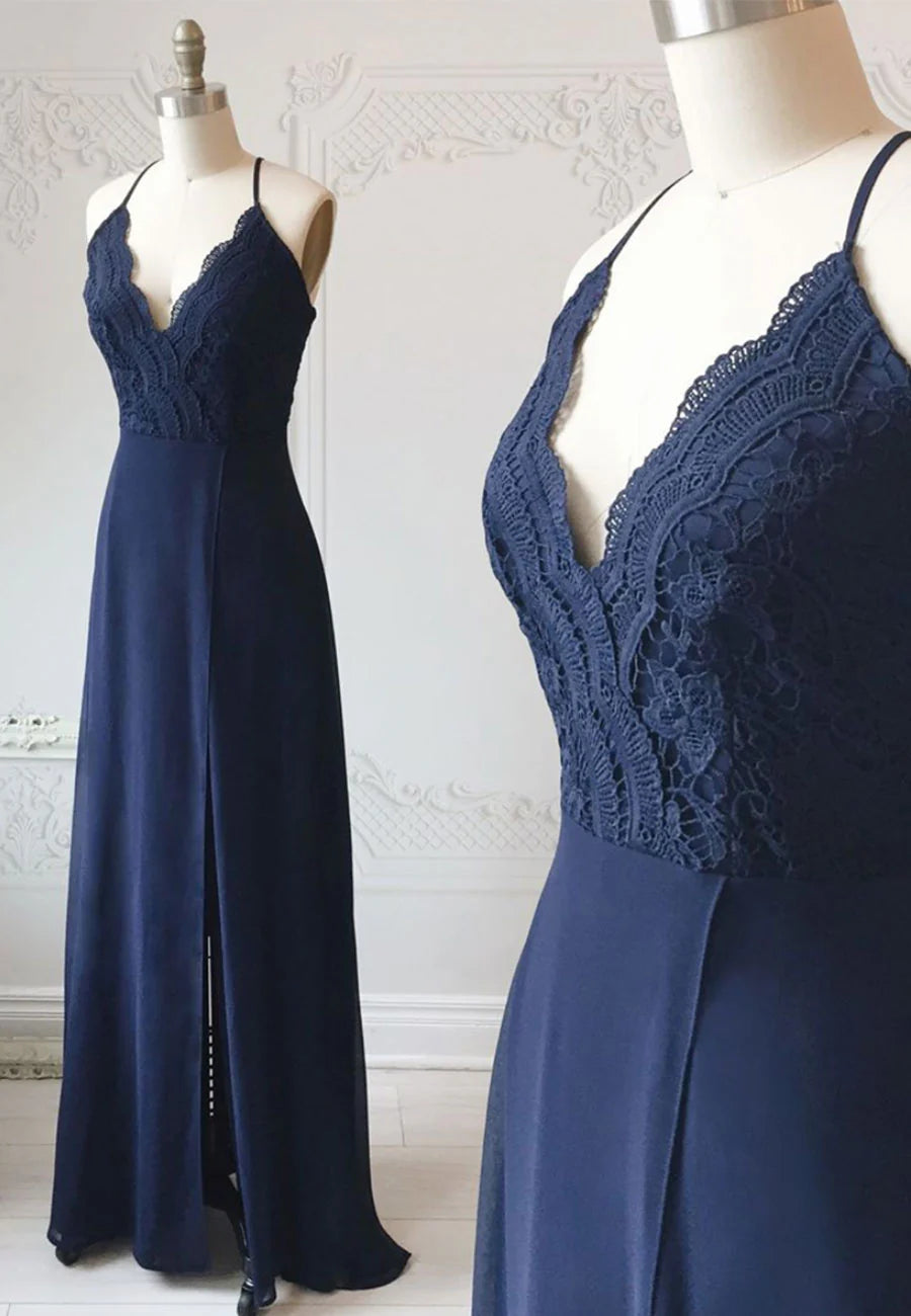 Blue Chiffon Lace Long Prom Dress, Blue A-Line Evening Dress TP771