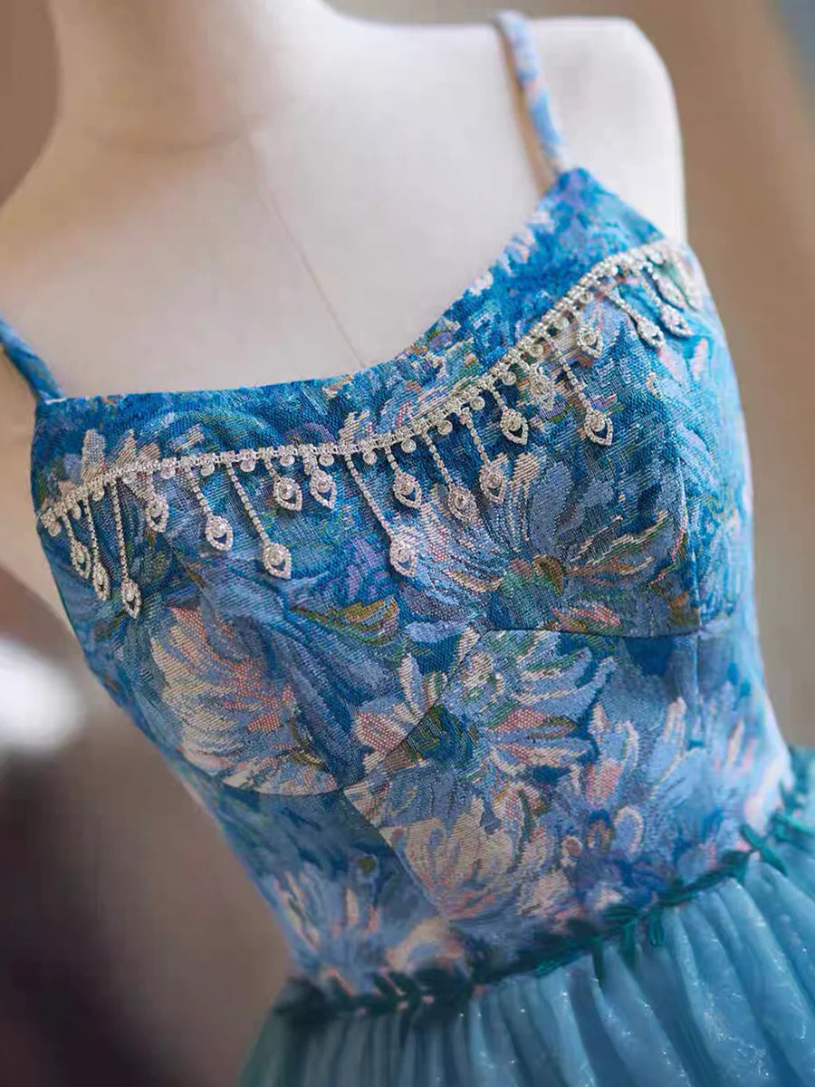 Blue Rhinestone Printing and Tulle Short Homecoming Dress, Beautiful Spaghetti Straps Sleeveless Backless Party Dress TP789