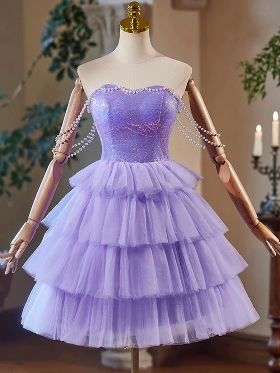 A-Line Tulle and Sequins Short Party Dress, Lavender Strapless Evening Dress TP798