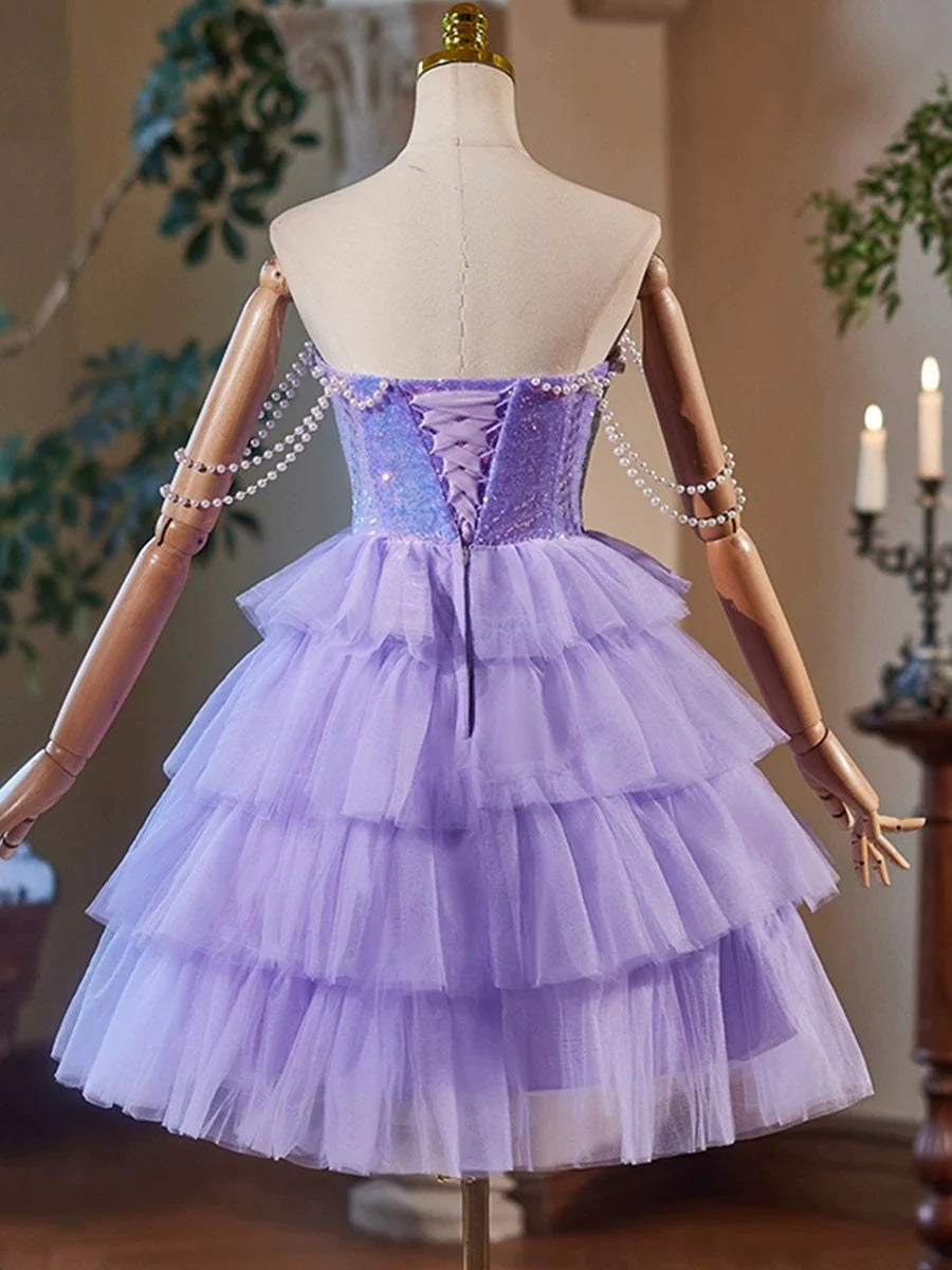 A-Line Tulle and Sequins Short Party Dress, Lavender Strapless Evening Dress TP798