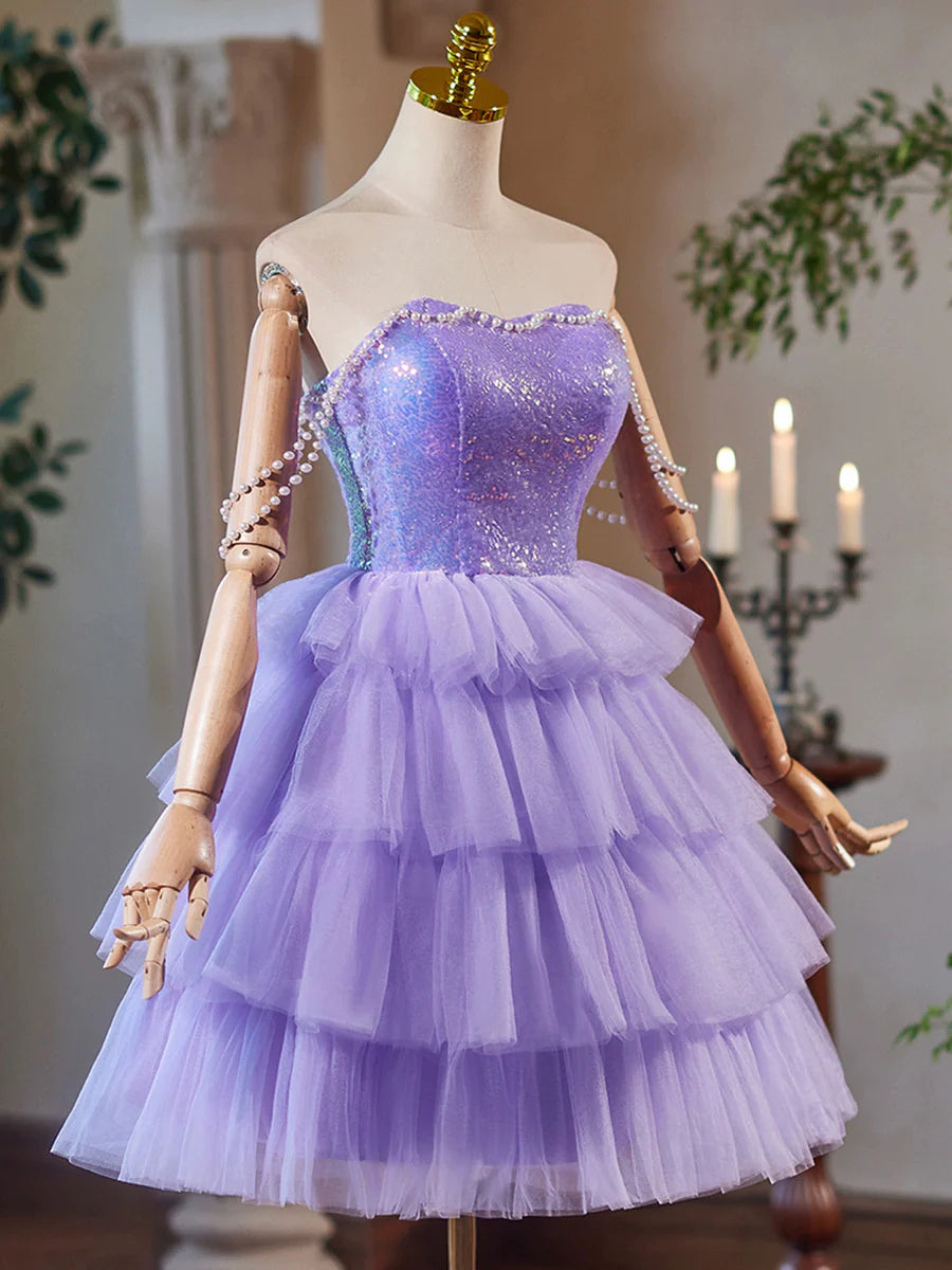 A-Line Tulle and Sequins Short Party Dress, Lavender Strapless Evening Dress TP798