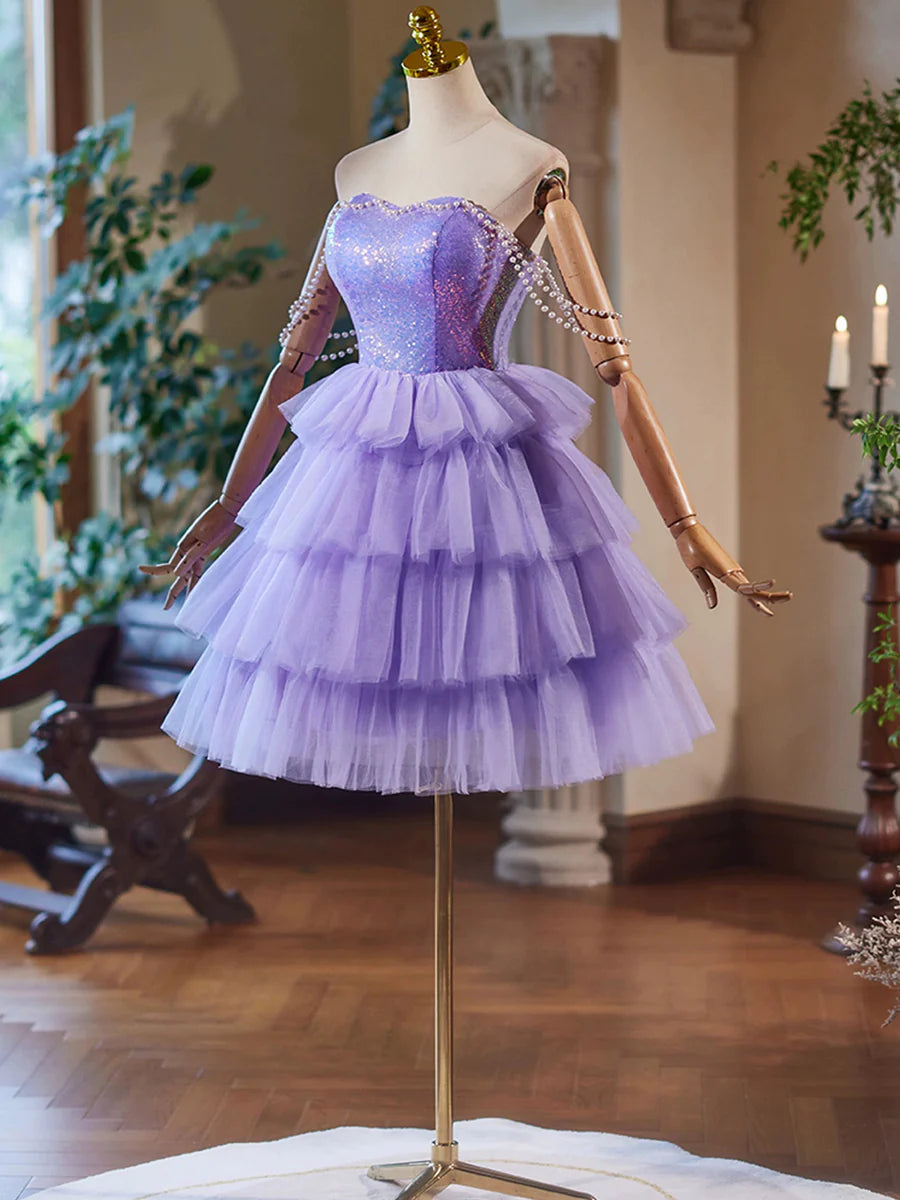 A-Line Tulle and Sequins Short Party Dress, Lavender Strapless Evening Dress TP798