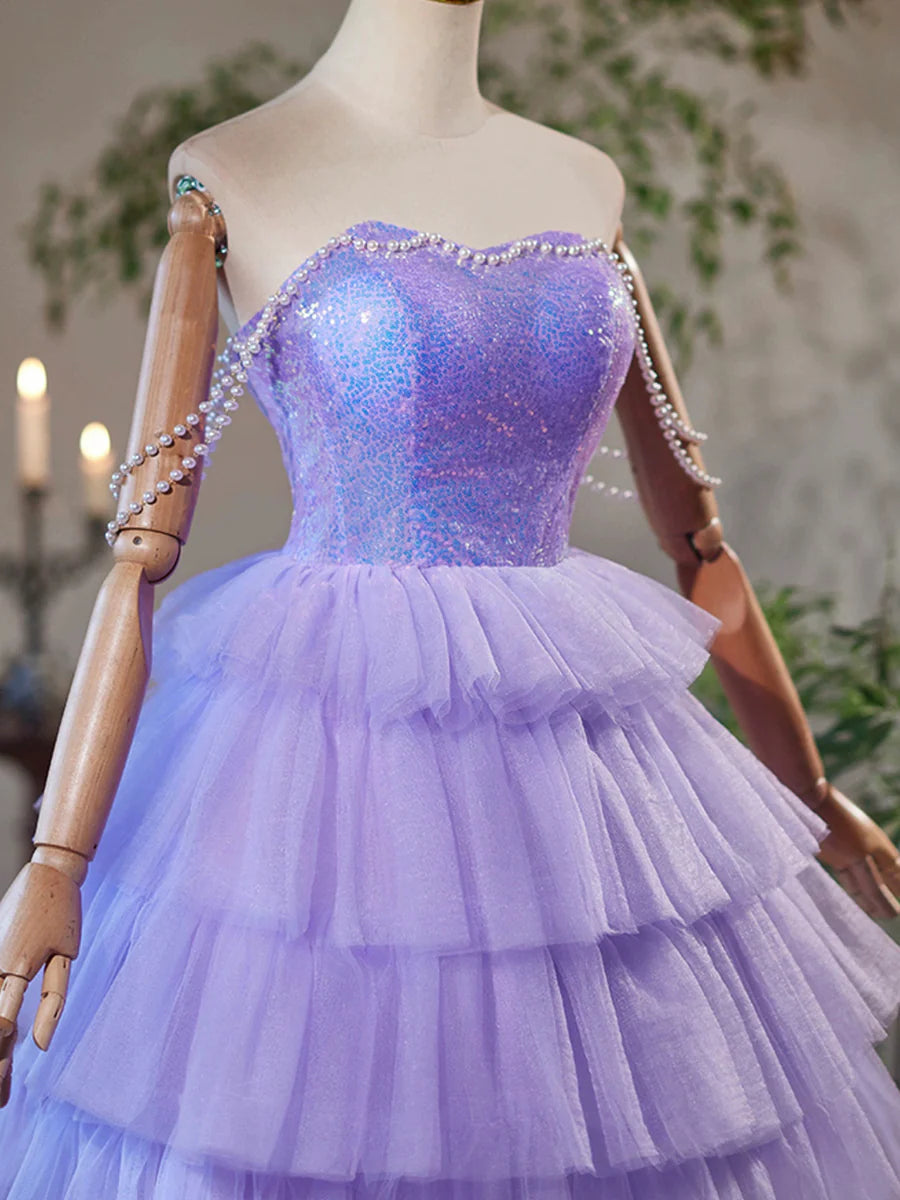 A-Line Tulle and Sequins Short Party Dress, Lavender Strapless Evening Dress TP798