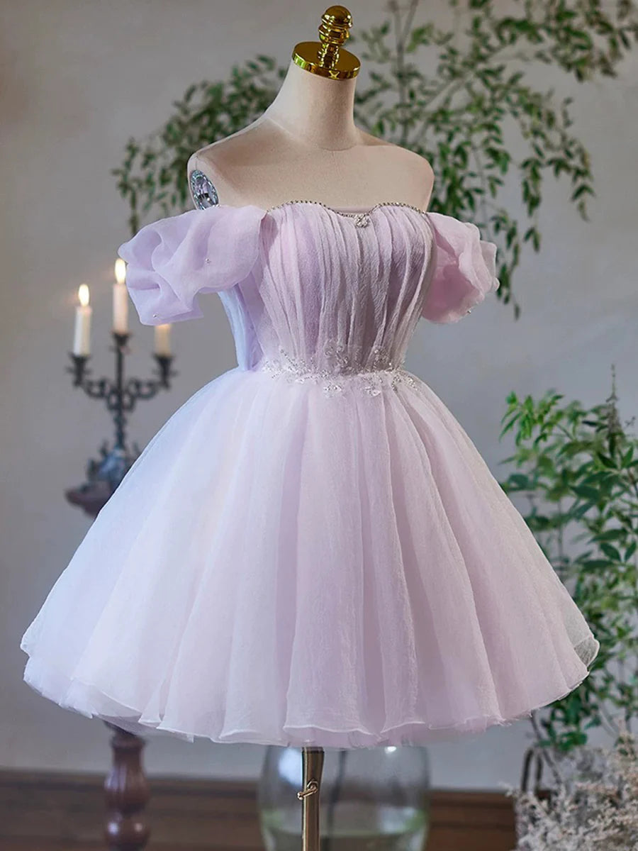 Purple Tulle Short A-Line Party Dress, Lovely Off the Shoulder Evening Dress TP799