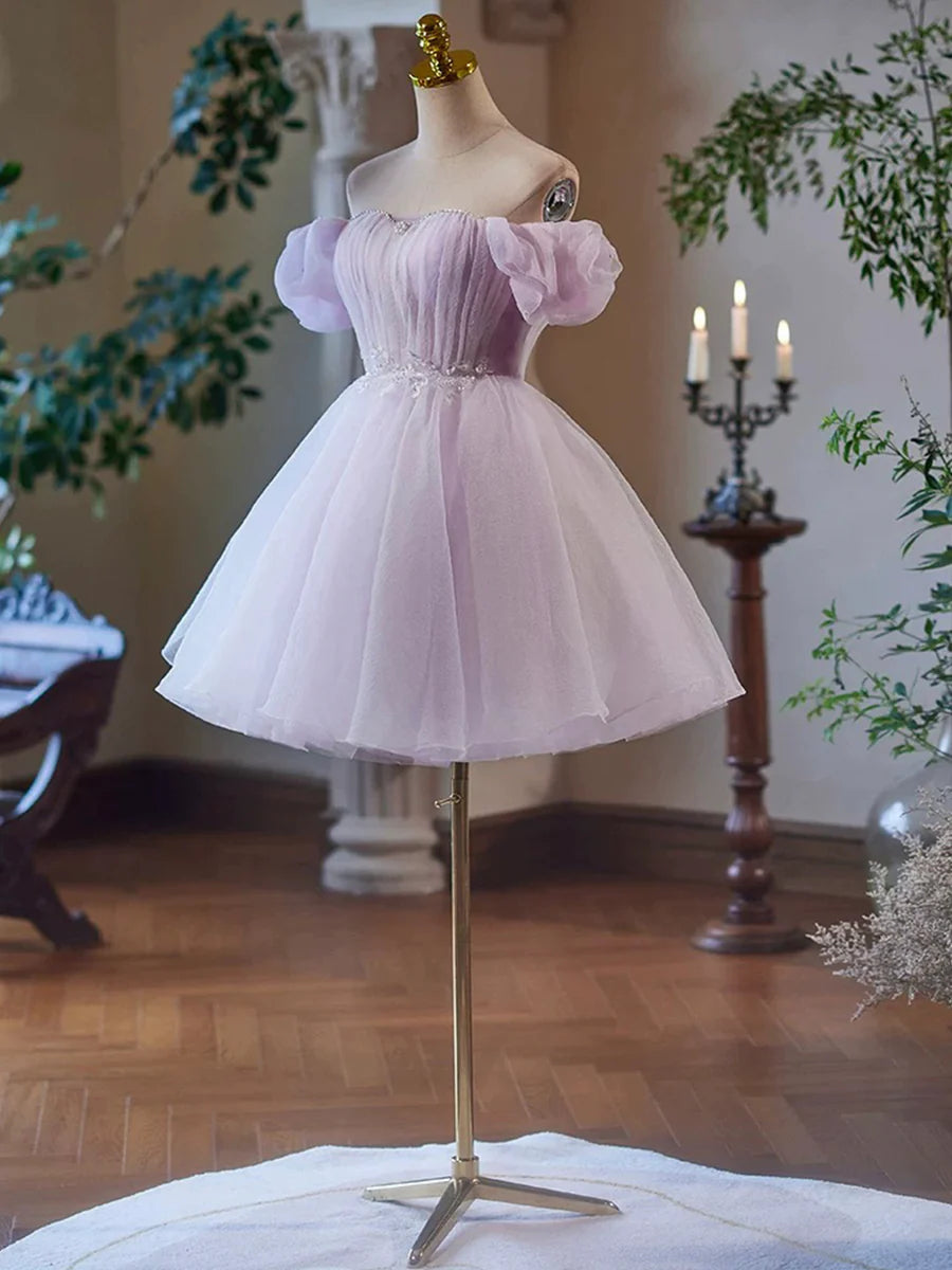 Purple Tulle Short A-Line Party Dress, Lovely Off the Shoulder Evening Dress TP799