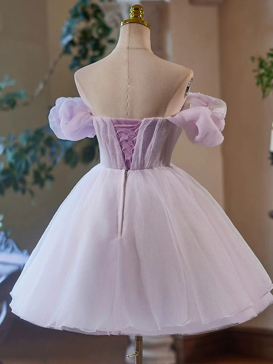 Purple Tulle Short A-Line Party Dress, Lovely Off the Shoulder Evening Dress TP799