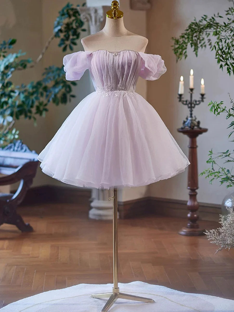 Purple Tulle Short A-Line Party Dress, Lovely Off the Shoulder Evening Dress TP799