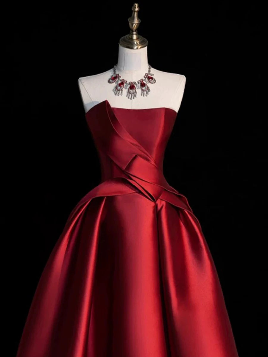 Burgundy Satin Hight Low Prom Dress, Lovely A-Line Strapless Party Dress TP800