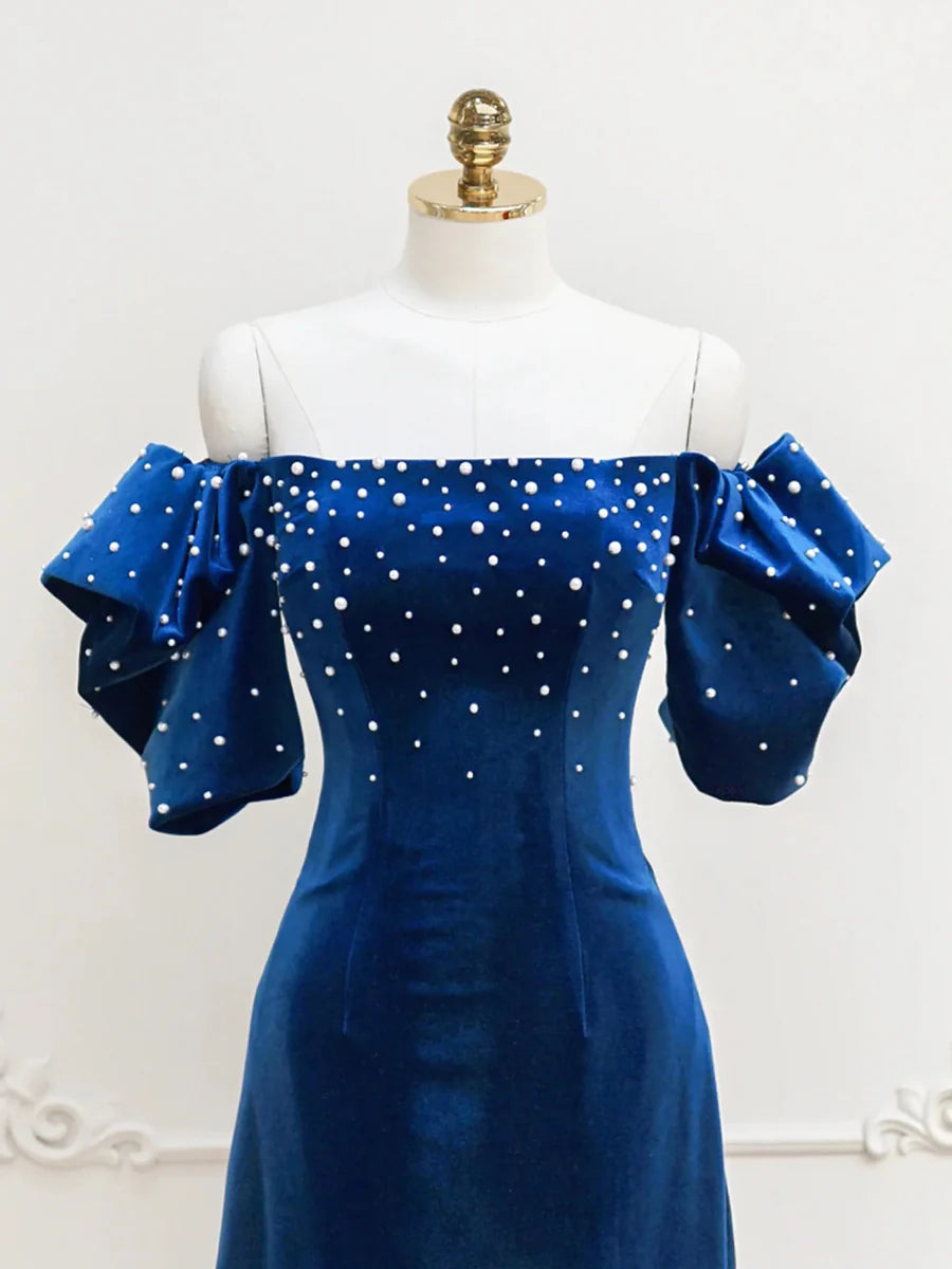 Blue Velvet A-Line Short Prom Dress with Pearls, Off the Shoulder Evening Party Dress TP812