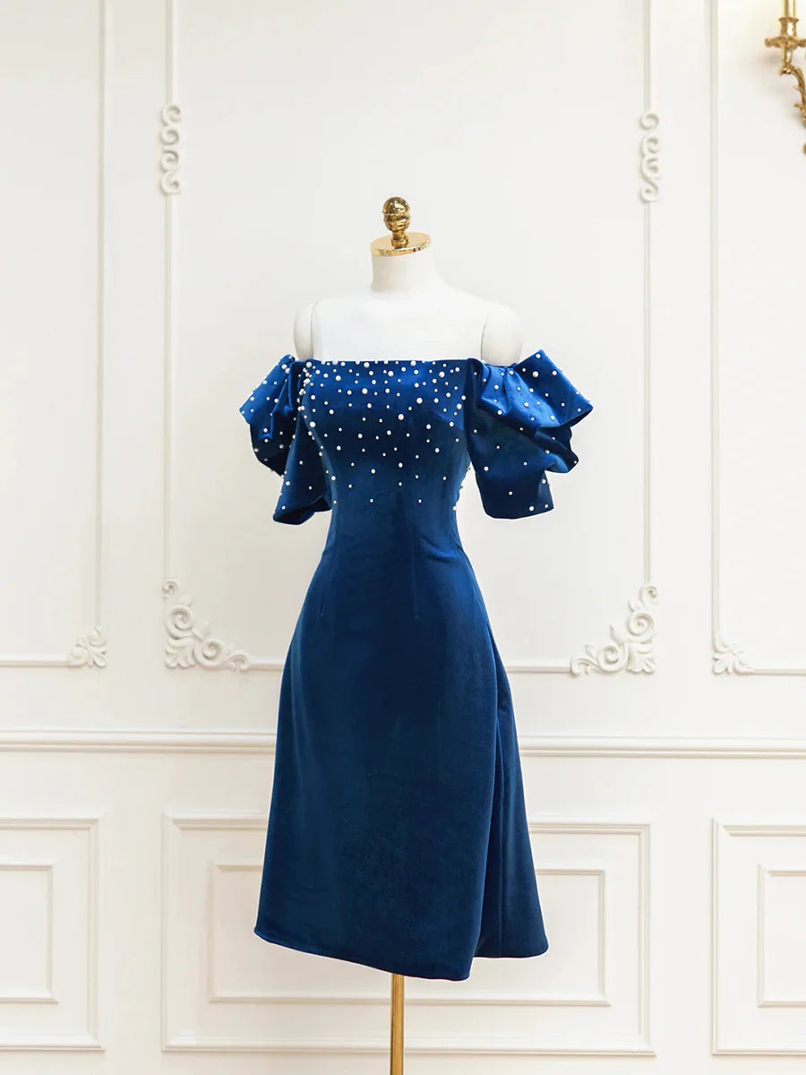 Blue Velvet A-Line Short Prom Dress with Pearls, Off the Shoulder Evening Party Dress TP812