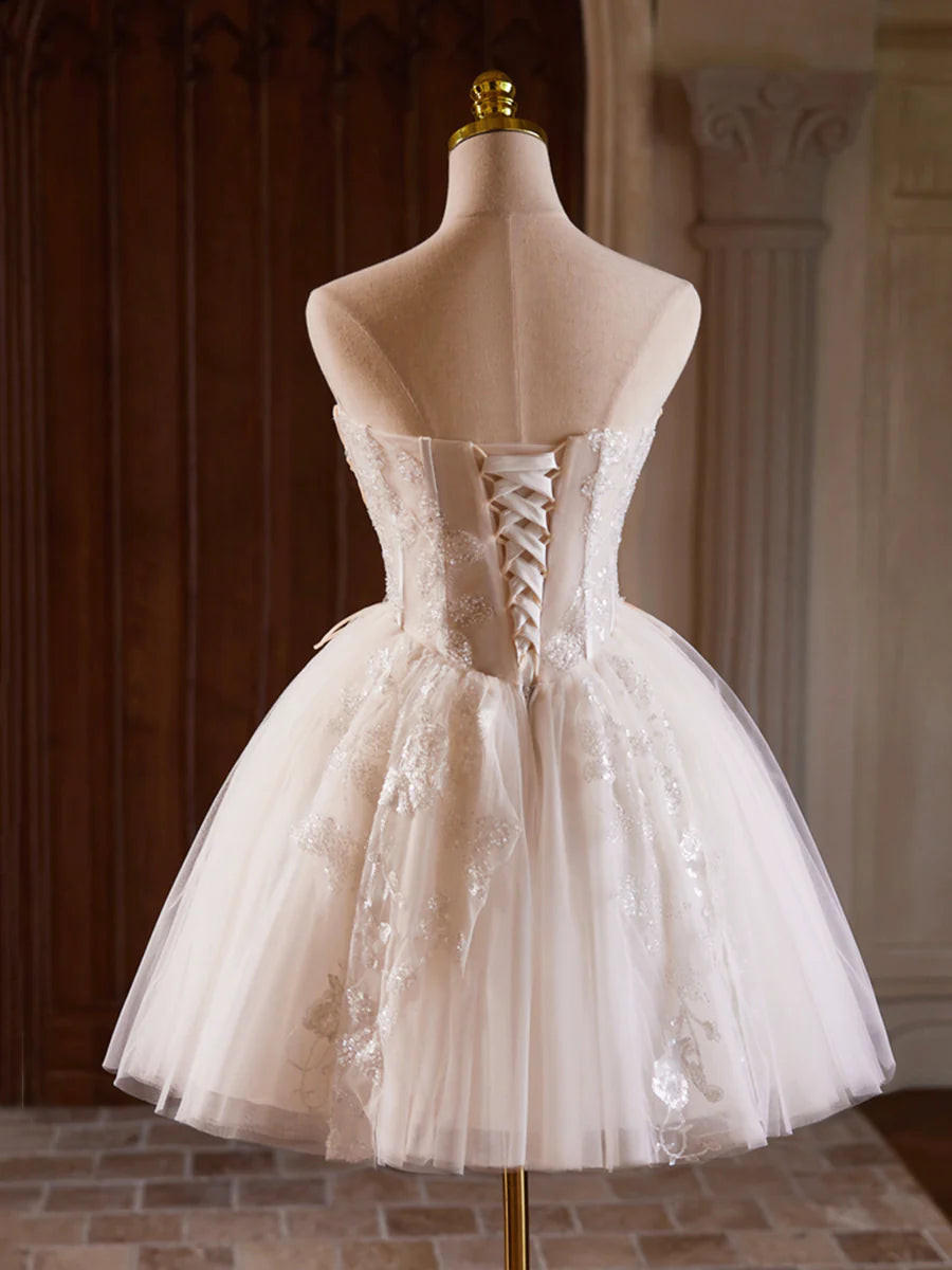 Champagne Strapless Tulle Sequins Short Prom Dress, Lovely Sweetheart Homecoming Party Dress TP816