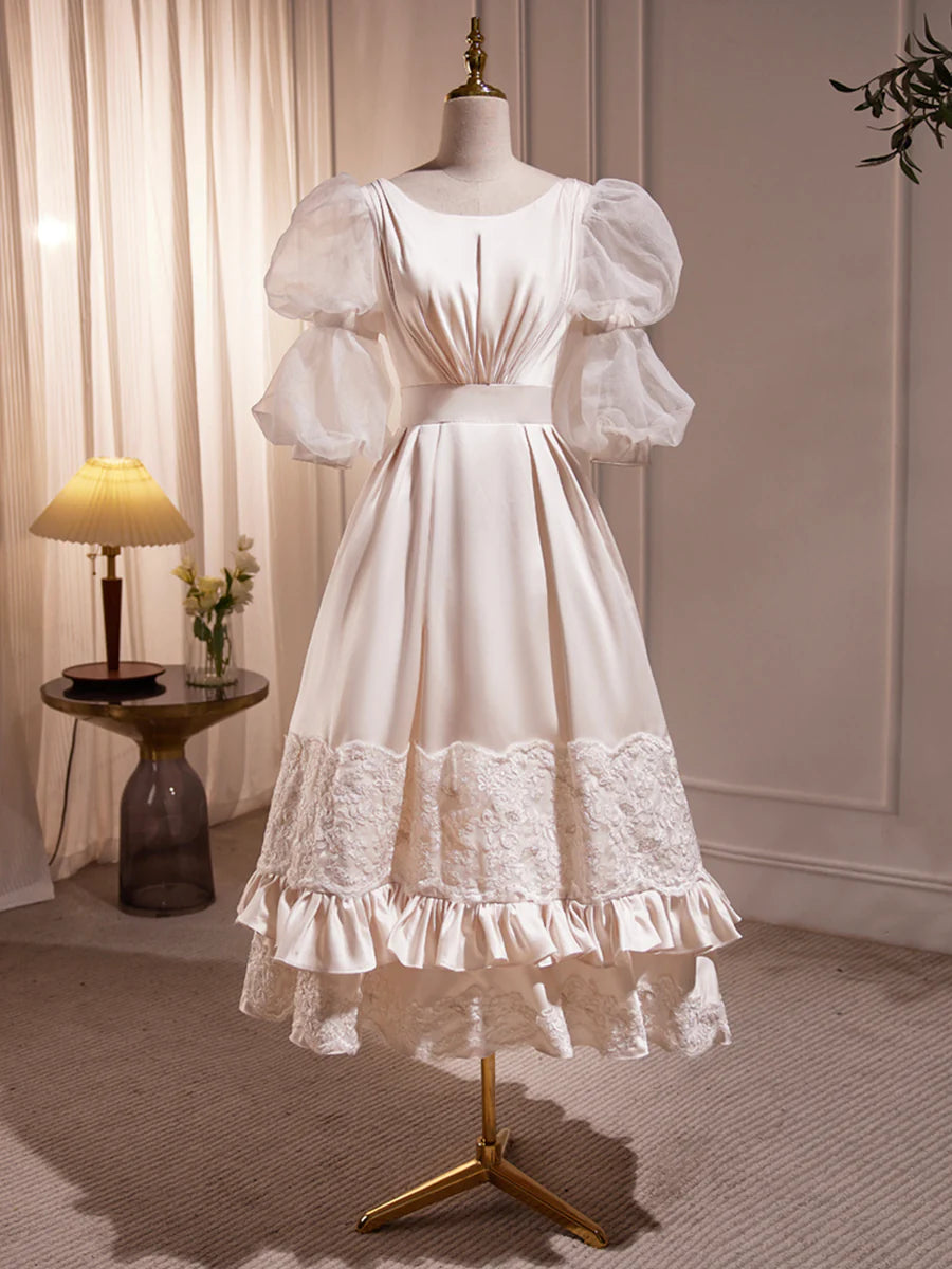 Beautiful Scoop Neck Tea Length Prom Dress, A-Line Puffy Short Sleeve Backless Party Dress TP832