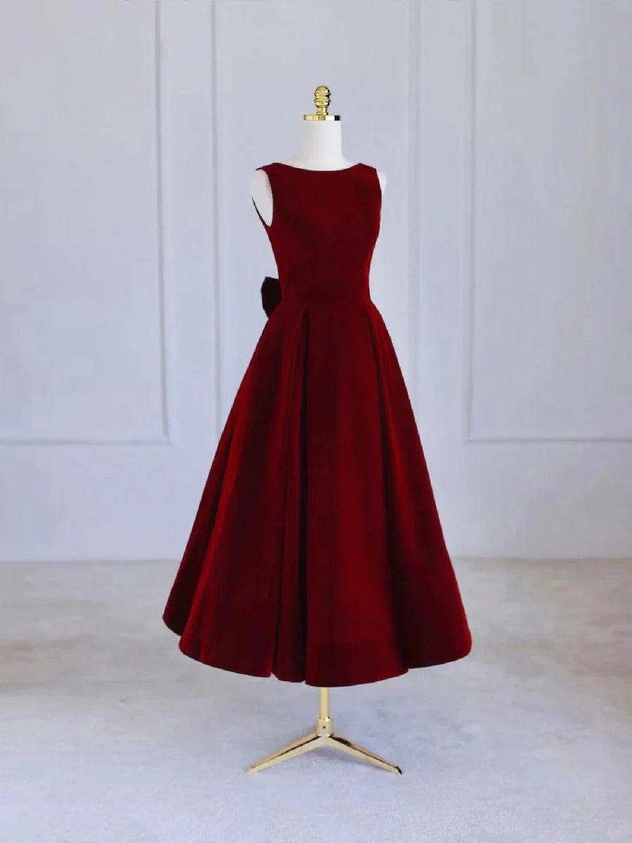 Burgundy Tea Length Velvet Prom Dress with Bowknot, Burgundy Evening Party Dress TP839