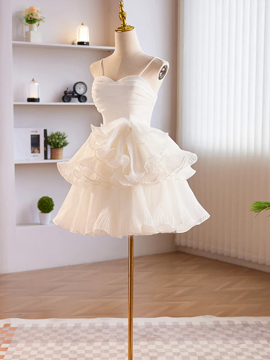White Tulle Sweetheart Short Prom Dress, White Tulle Straps Party Dress TP845