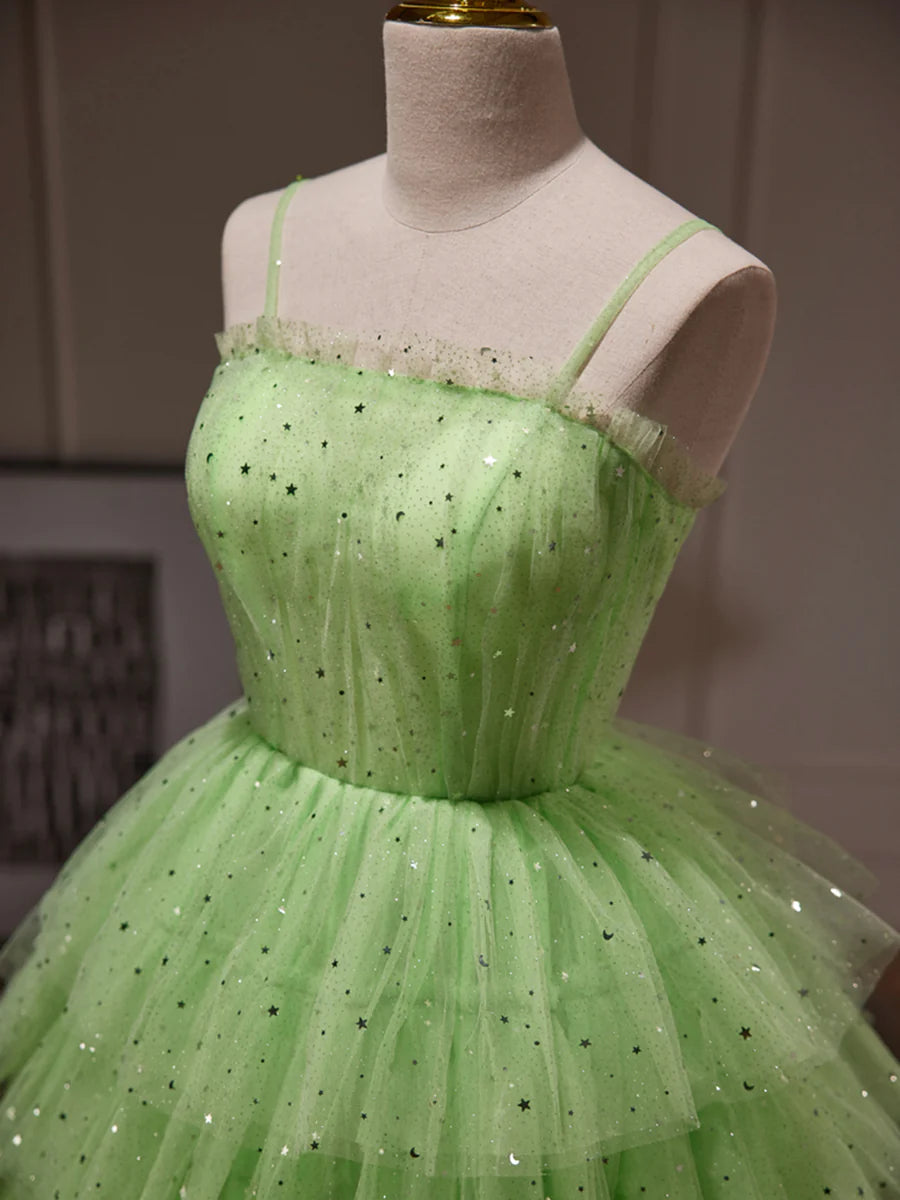 Green Tulle Straps Short Party Dress, Light Green Homecoming Dress TP856