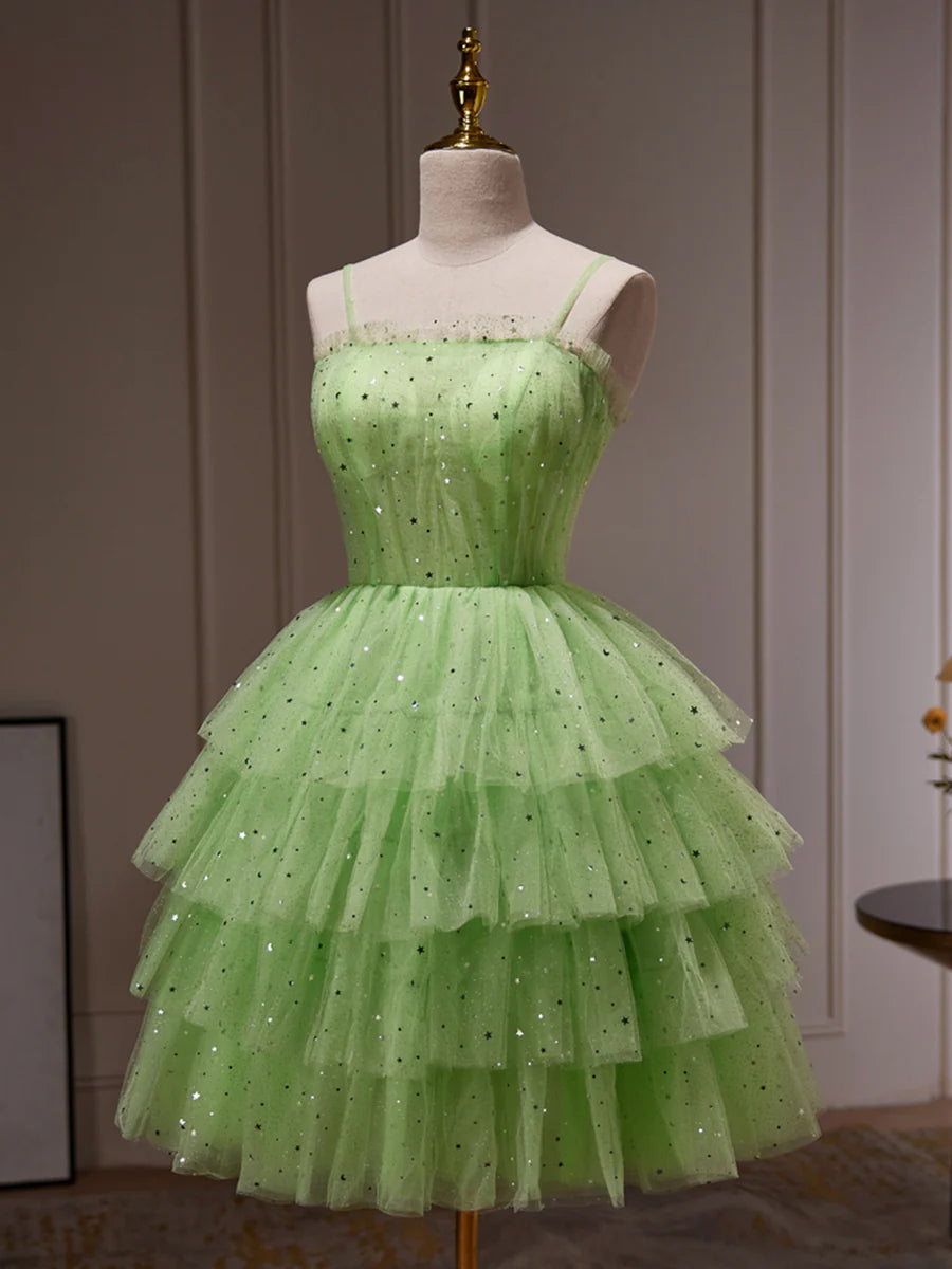 Green Tulle Straps Short Party Dress, Light Green Homecoming Dress TP856