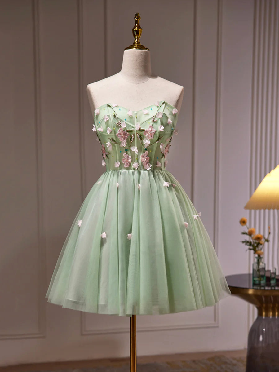 Green Tulle Beaded Party Dress, Green Short Prom Dress with Flowers TP857
