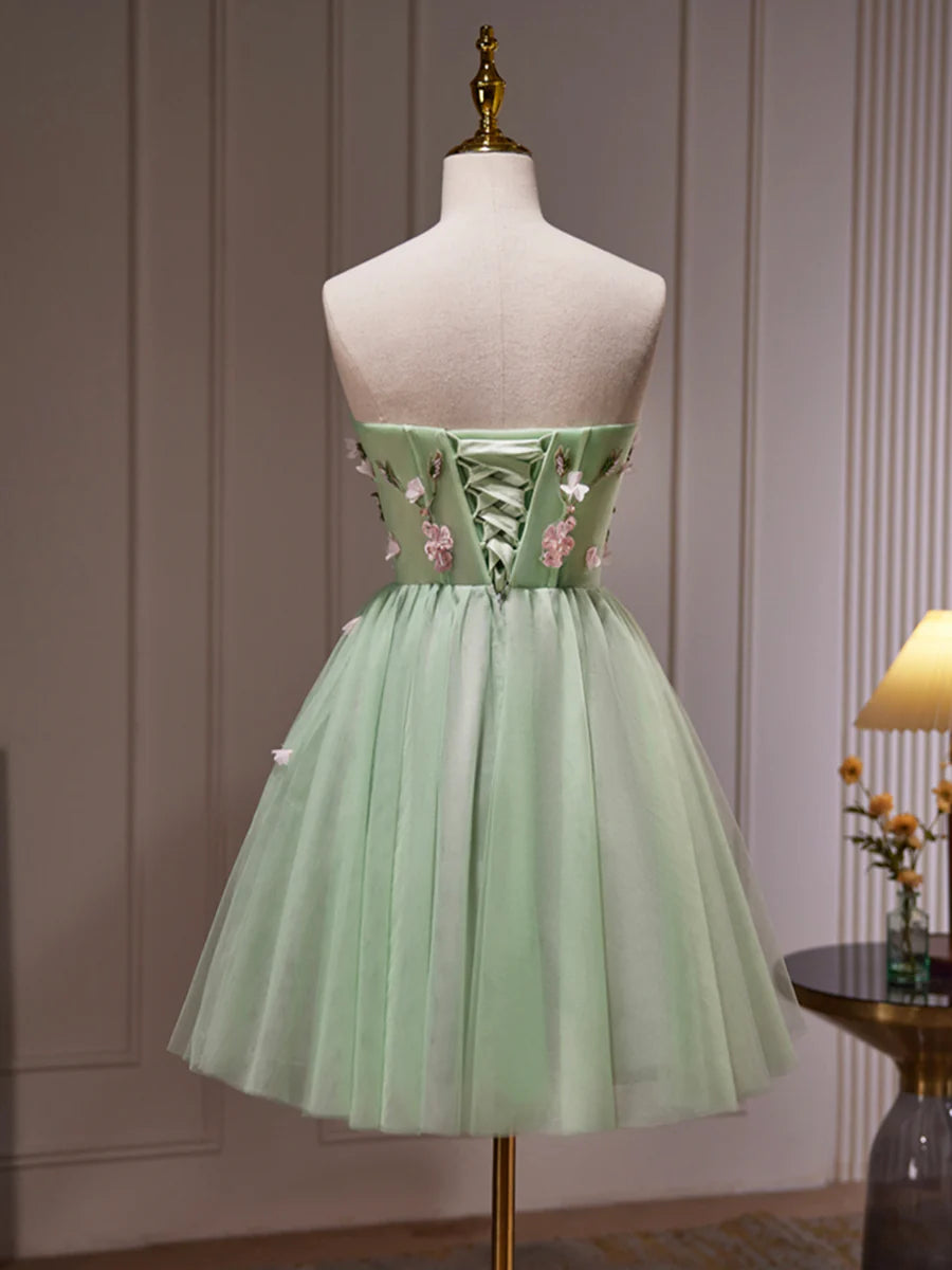 Green Tulle Beaded Party Dress, Green Short Prom Dress with Flowers TP857