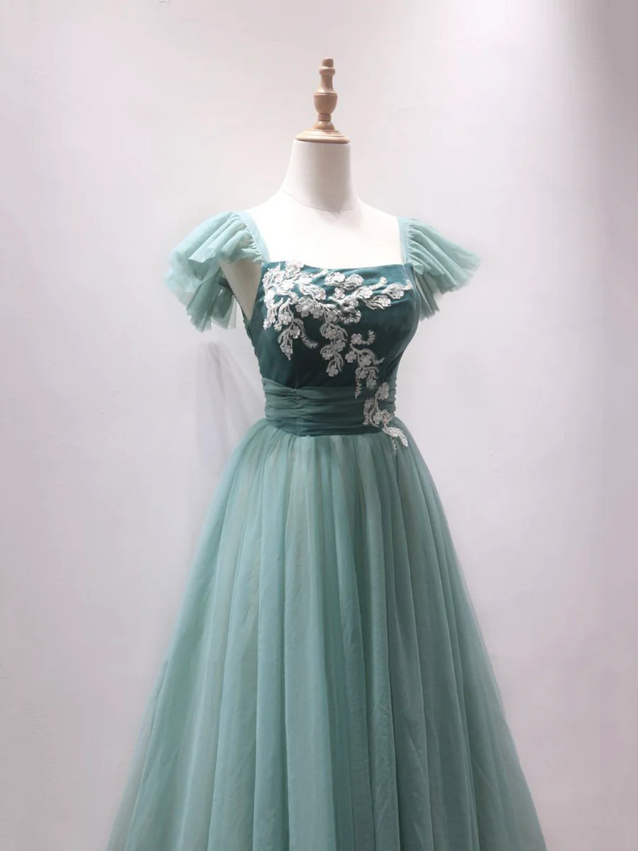 Green Velvet Tulle Tea Length Prom Dress, Cute A-Line Party Dress with Lace TP866