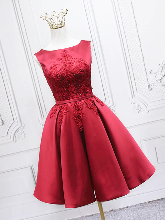 Burgundy Satin Lace Short Prom Dress, A-Line Homecoming Dress TP867