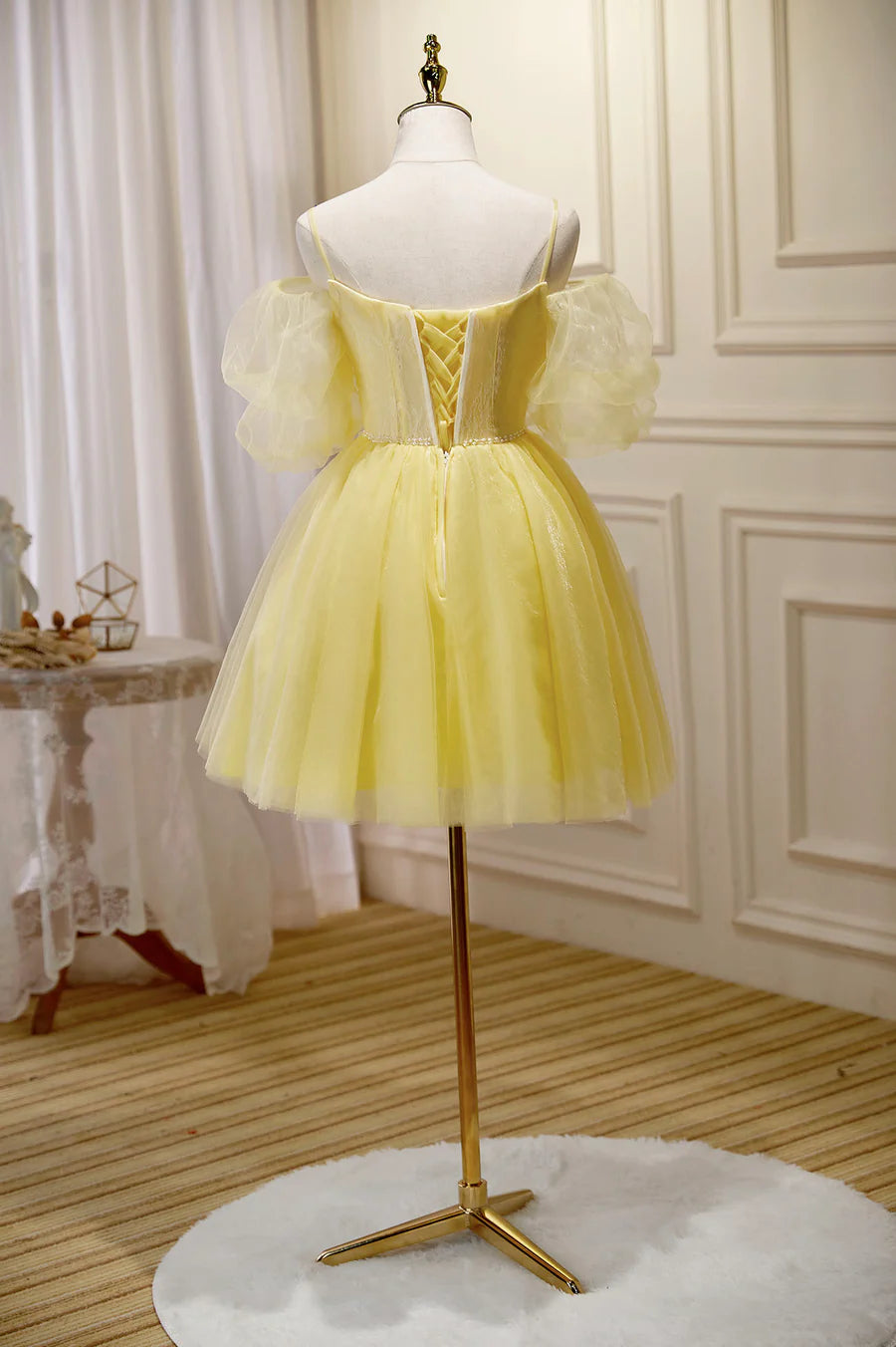 Yellow Lace Short Prom Dress, Off the Shoulder Homecoming Dress TP881