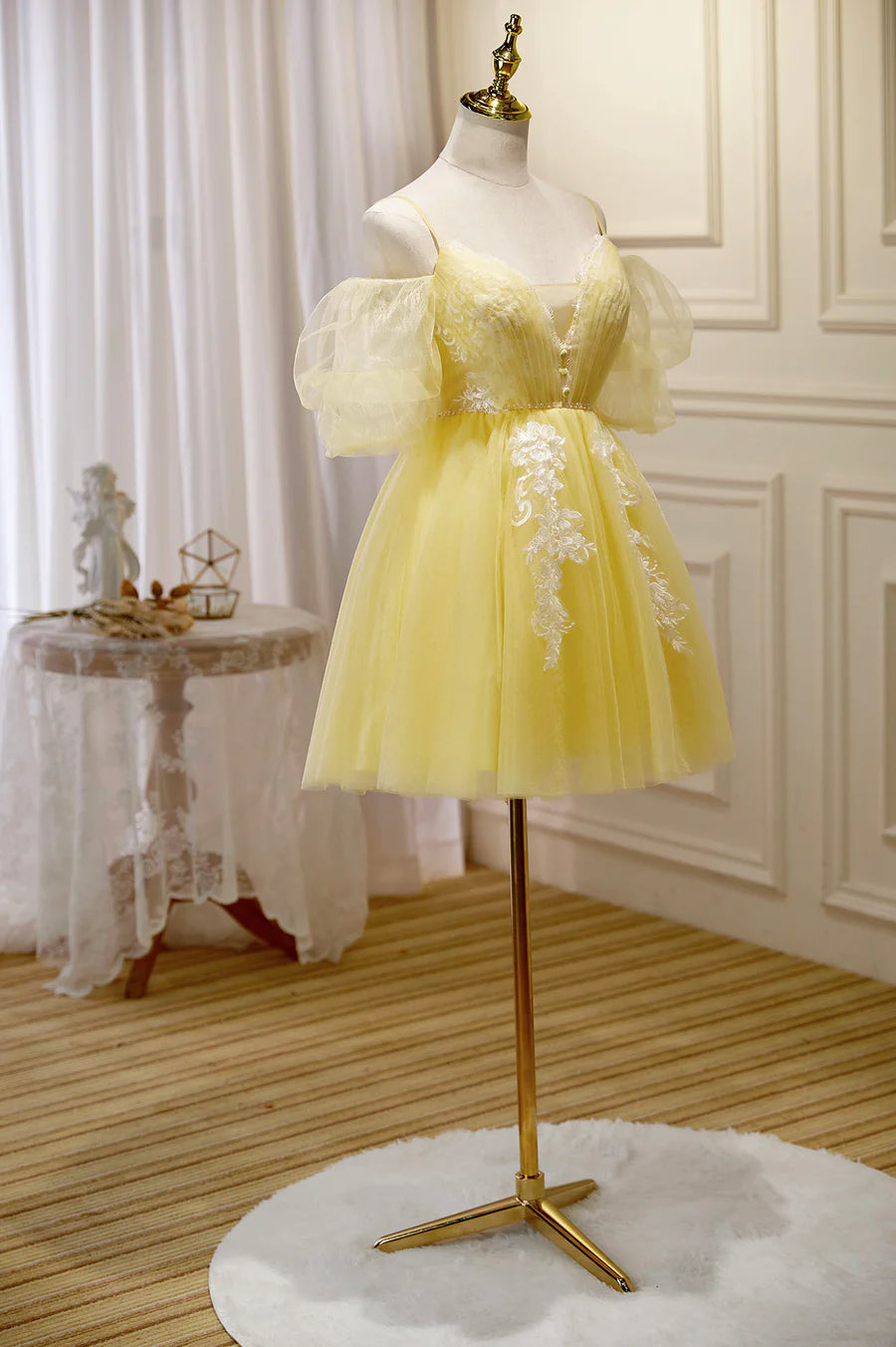 Yellow Lace Short Prom Dress, Off the Shoulder Homecoming Dress TP881