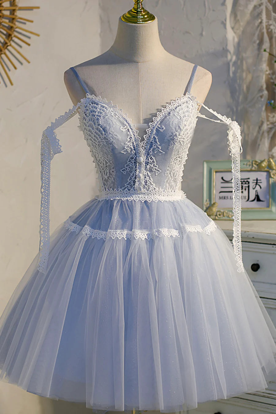 Previous Next Blue Lace Short A-Line Prom Dress, Cute Spaghetti Strap Party Dress TP890