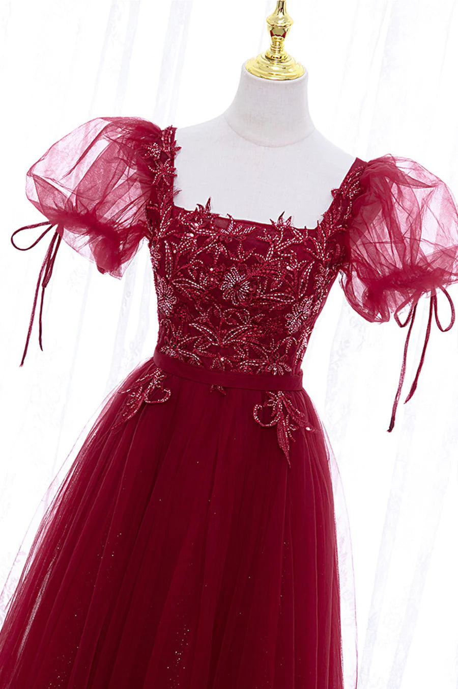 Burgundy Short Sleeve Tulle Tea Length Prom Dress, A-Line Party Dress TP893