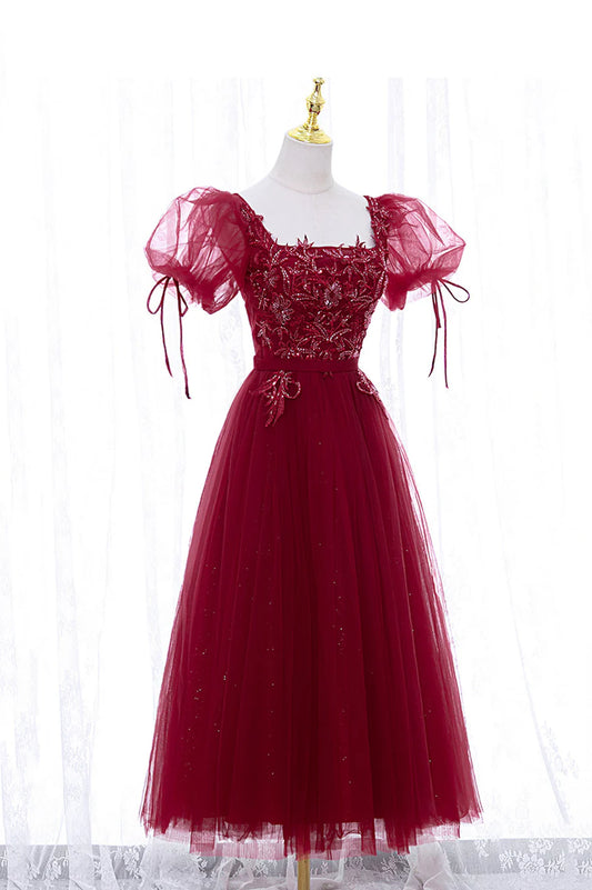 Burgundy Short Sleeve Tulle Tea Length Prom Dress, A-Line Party Dress TP893